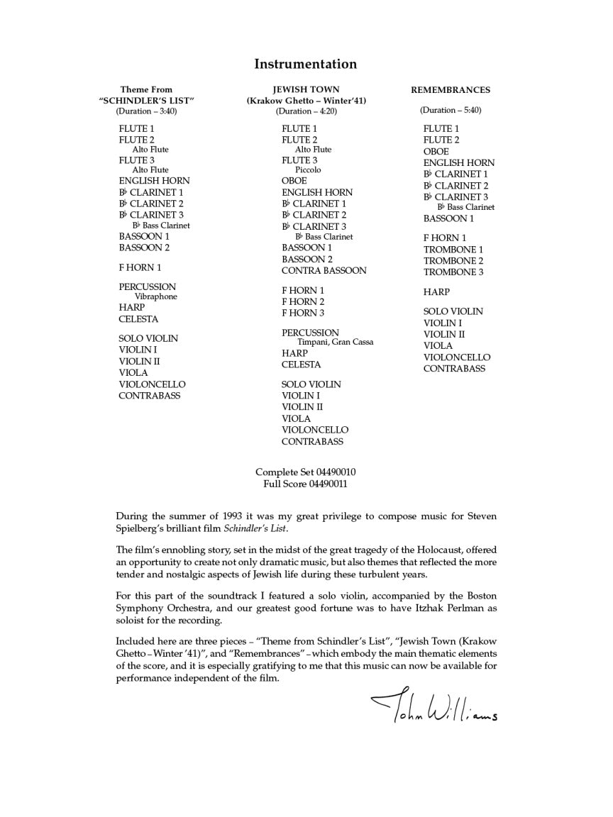 Williams: Three Pieces from Schindler's List