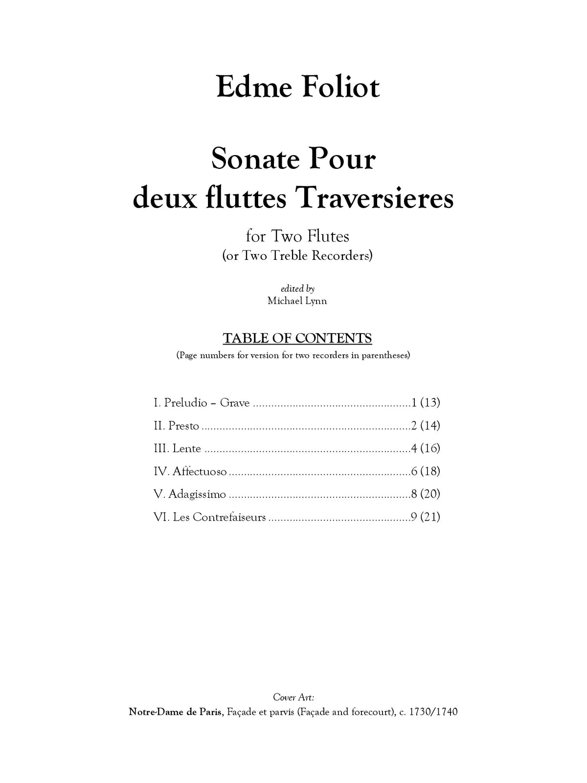 Foliot: Sonata for 2 Flutes (or Treble Recorders)