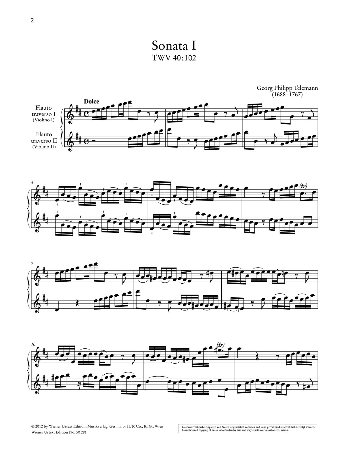 Telemann: 6 Sonatas for 2 Flutes (or Violins), Op. 2
