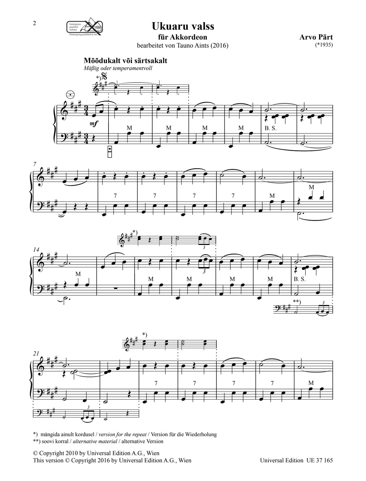 Pärt: Ukuaru valss (arr. for accordion)