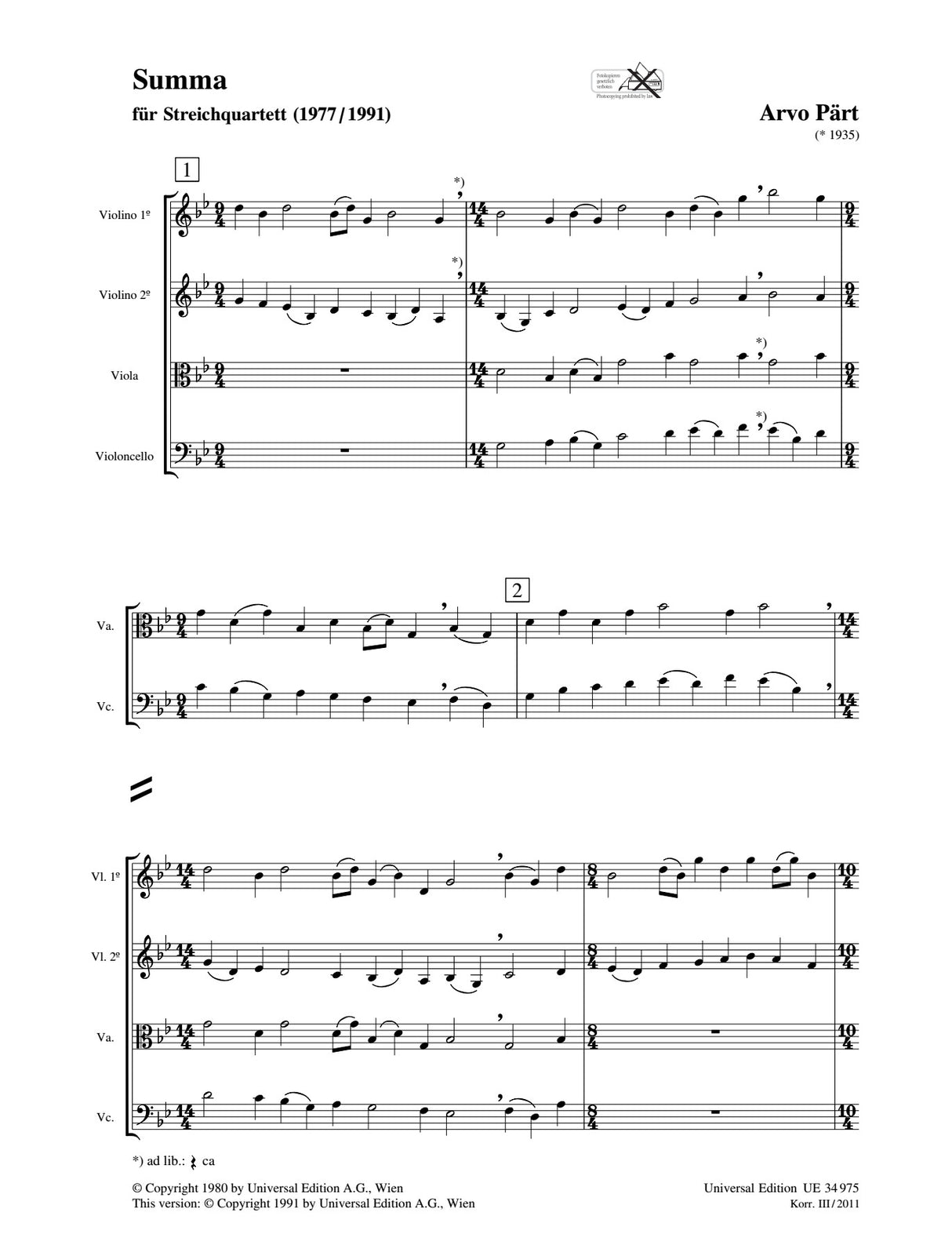 Pärt: Summa (for string quartet)