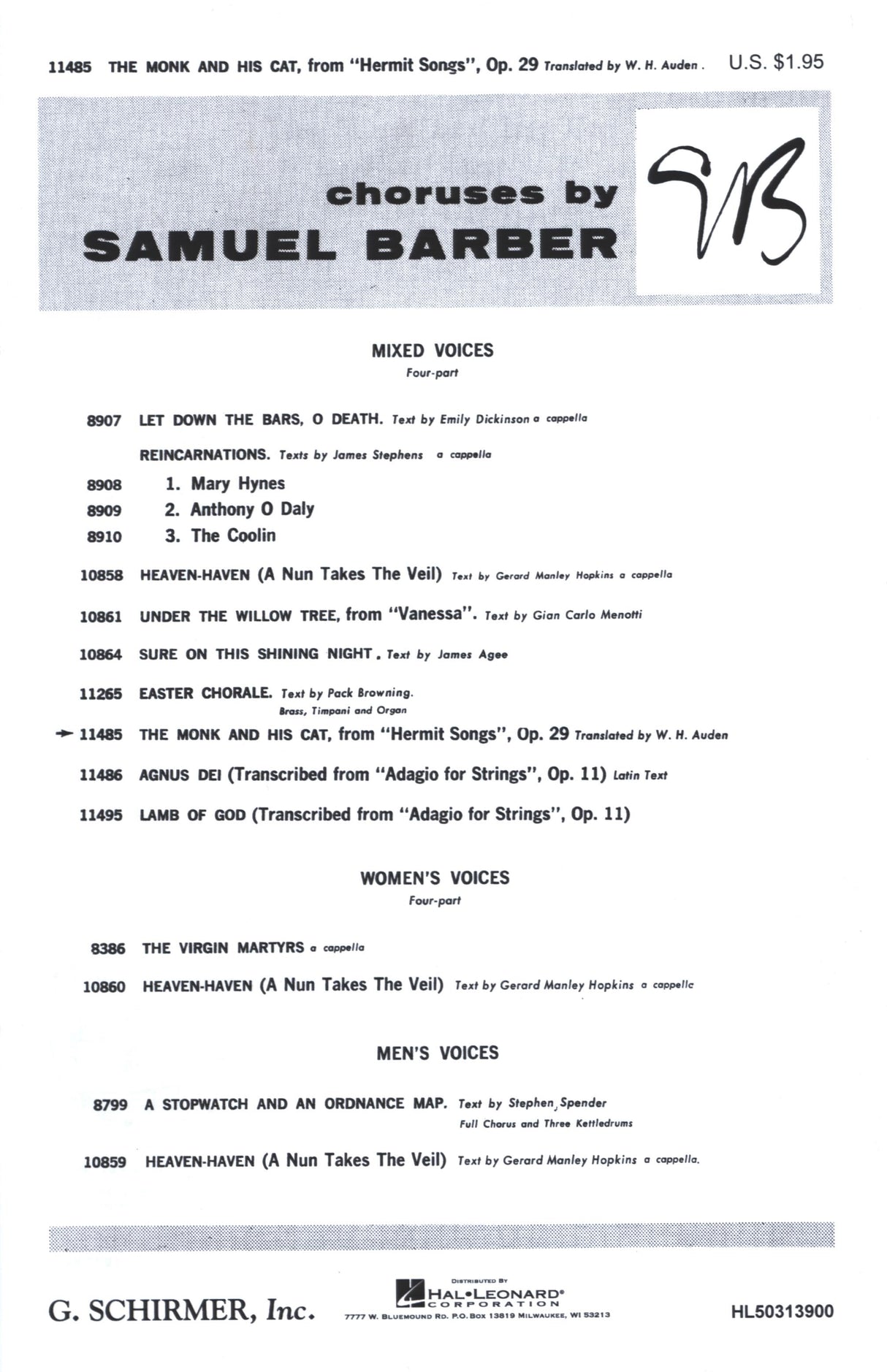 Barber: The Monk and His Cat, Op. 29, No. 8 (transc. for SATB Chorus)