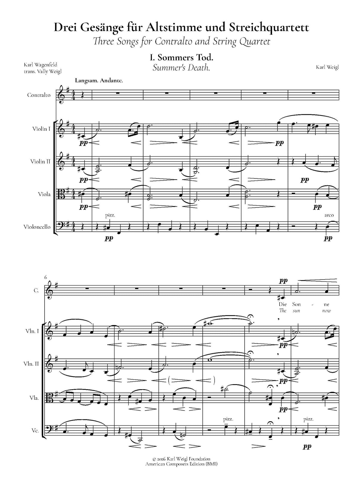 Weigl: Three Songs for Contralto and String Quartet