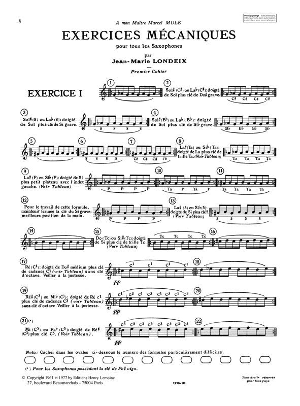 Londeix: Exercices mécaniques - Volume 1