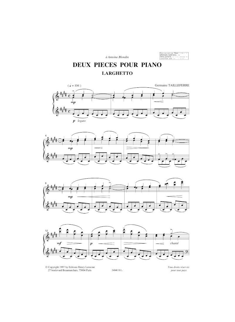 Tailleferre: 2 Pieces for Piano