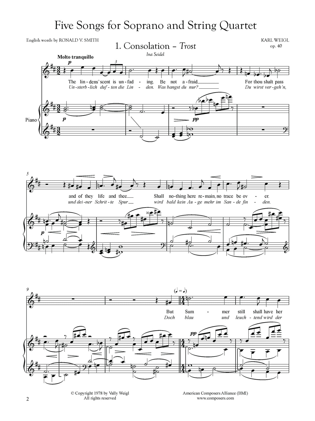 Weigl: 5 Songs for Soprano & String Quartet, Op. 40