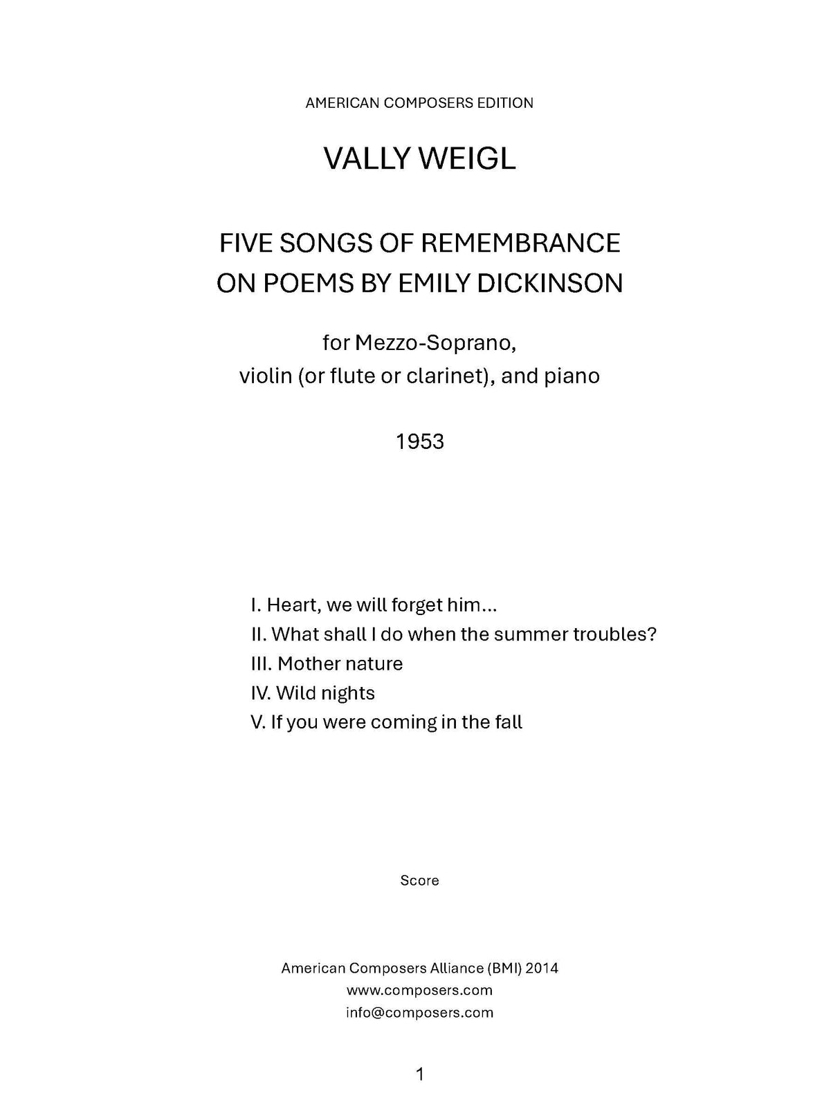 V. Weigl: 5 Songs of Remembrance