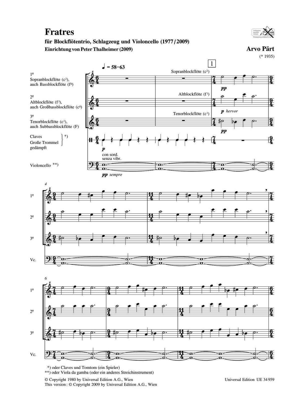 Pärt: Fratres (for recorder trio, percussion, and cello/viola da gamba)