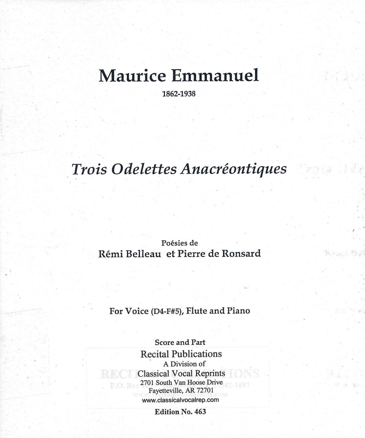 Emmanuel: 3 Odelettes Anacréontiques