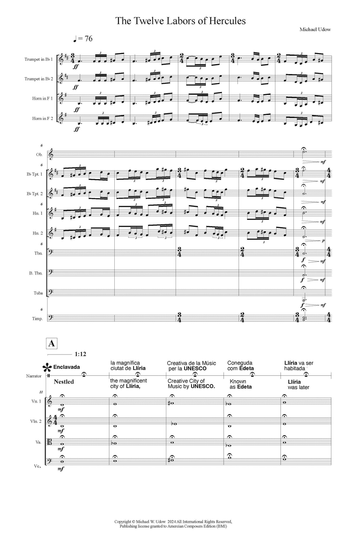 Udow: The Twelve Labors of Hercules (Version for Orchestra, Choir, Guitars, Steel Drums, & Narrator)
