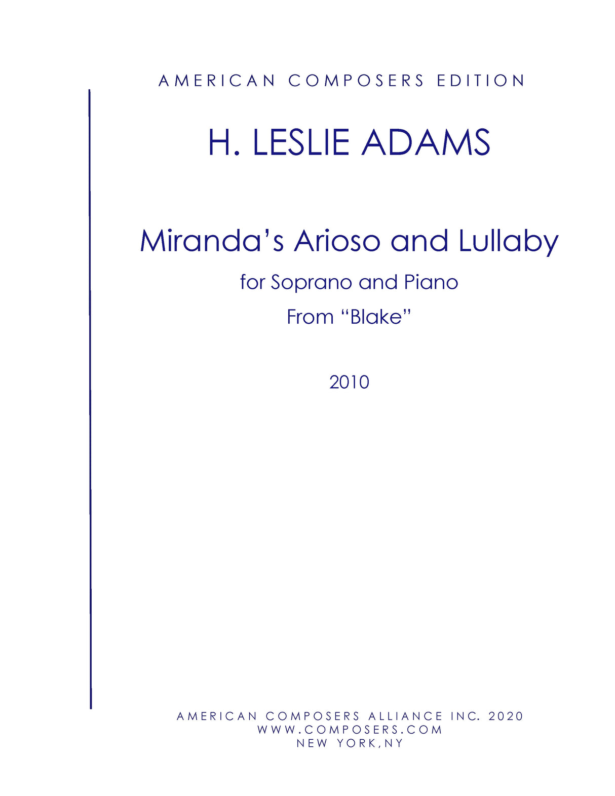 H.L. Adams: No, Sweet Mistress (Miranda's Arioso and Lullaby)