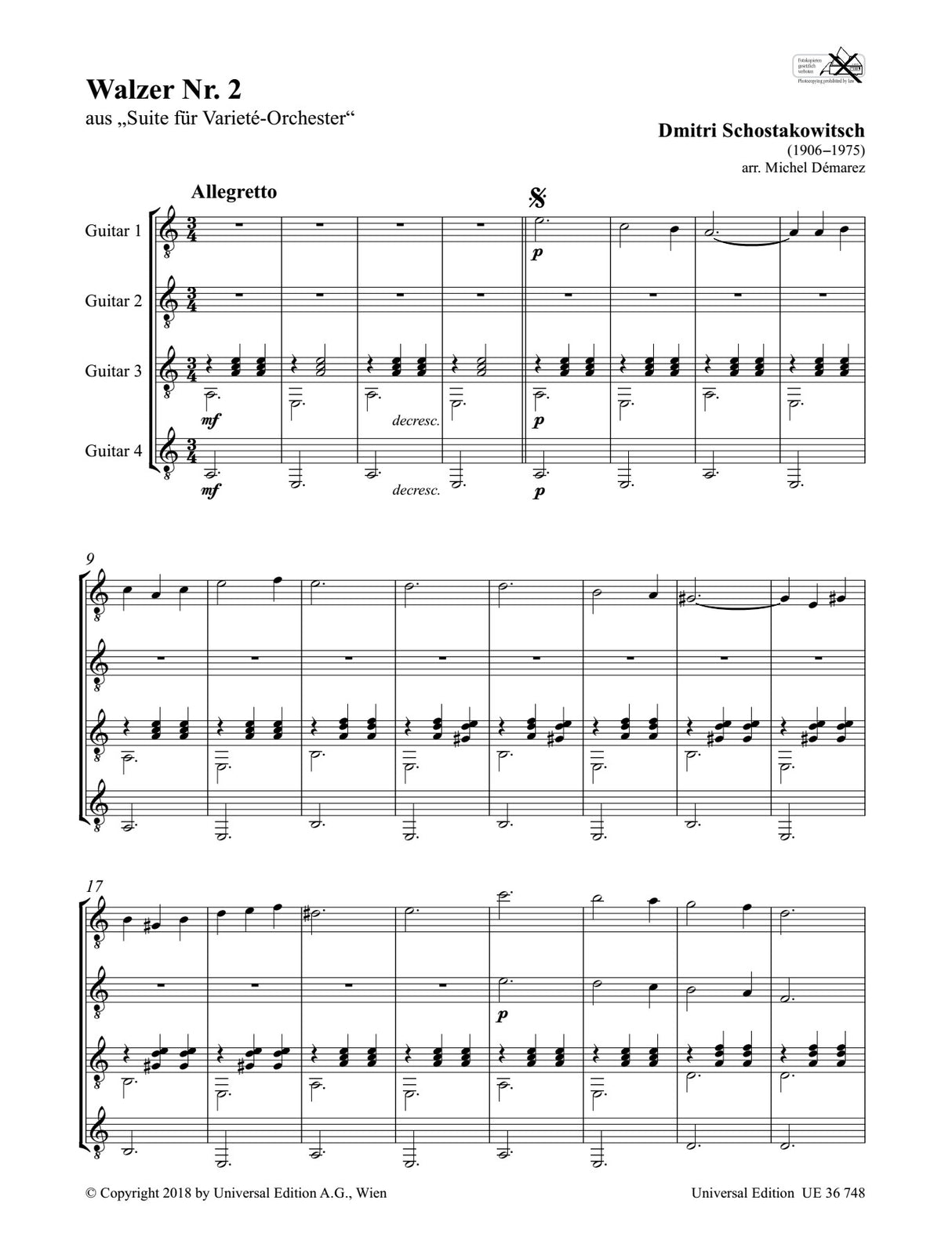 Shostakovich: Waltz No. 2 from Suite for Variety Orchestra (arr. for 4 guitars)