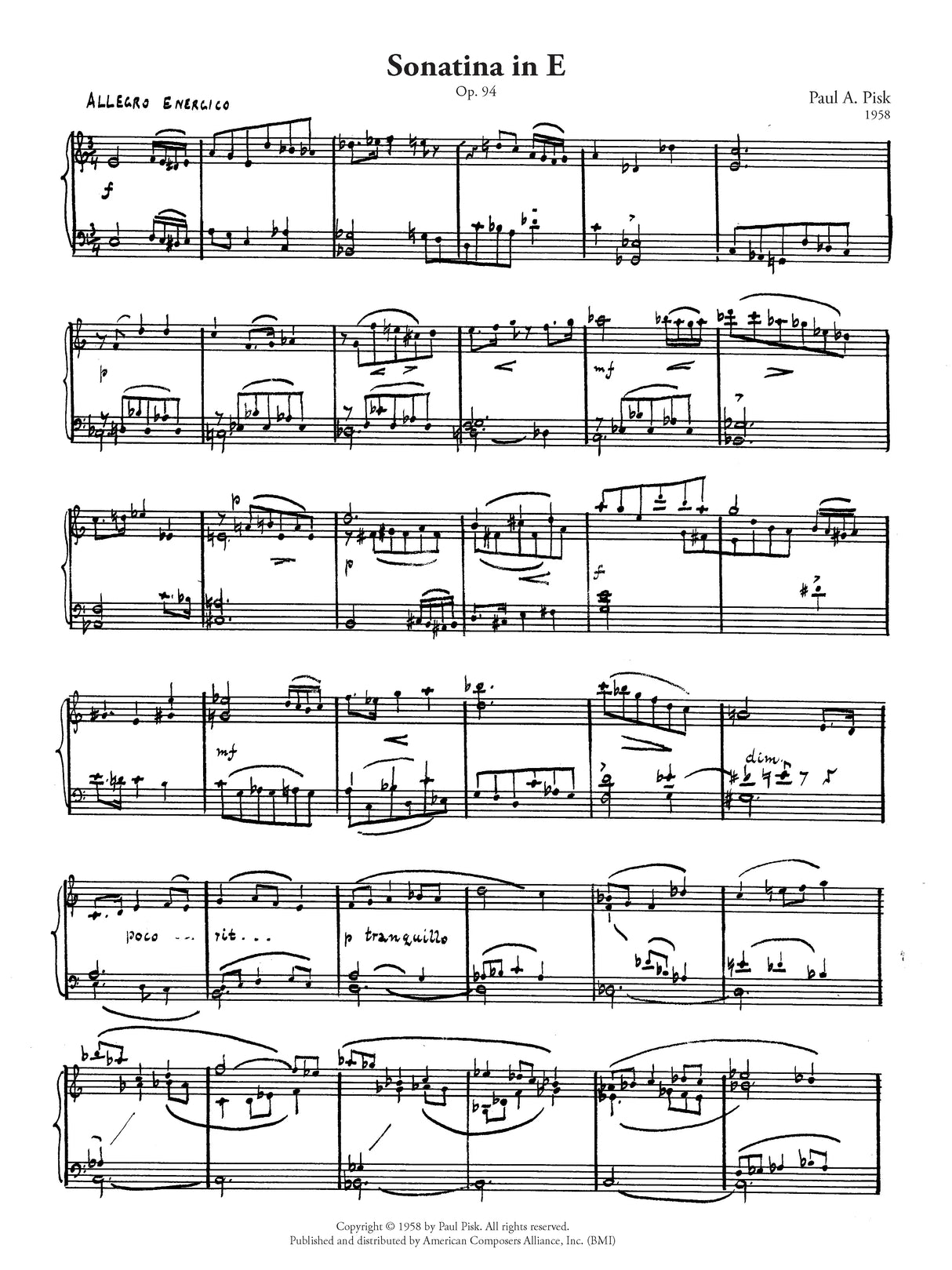 Pisk: Piano Sonatina in E Major, Op. 94