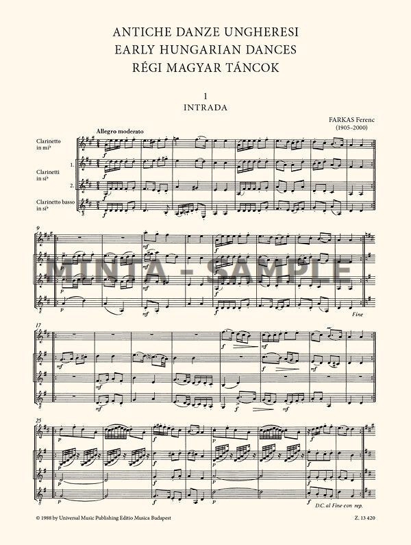 Farkas: Early Hungarian Dances from the 17th Century (arr. for clarinet quartet)