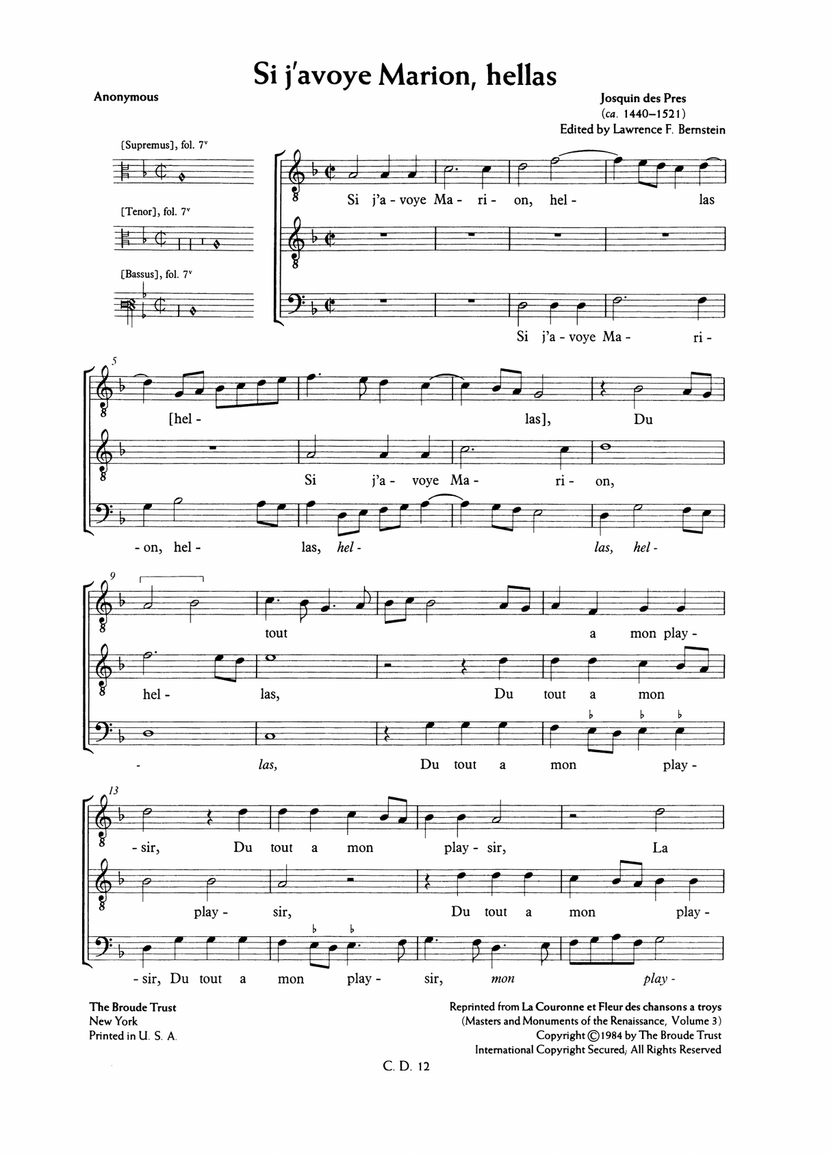 Josquin des Prez: Three Chansons for Men's Voices