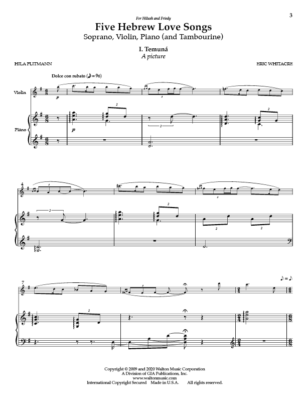 Whitacre: 5 Hebrew Love Songs (Version for Soprano, Violin, & Piano)