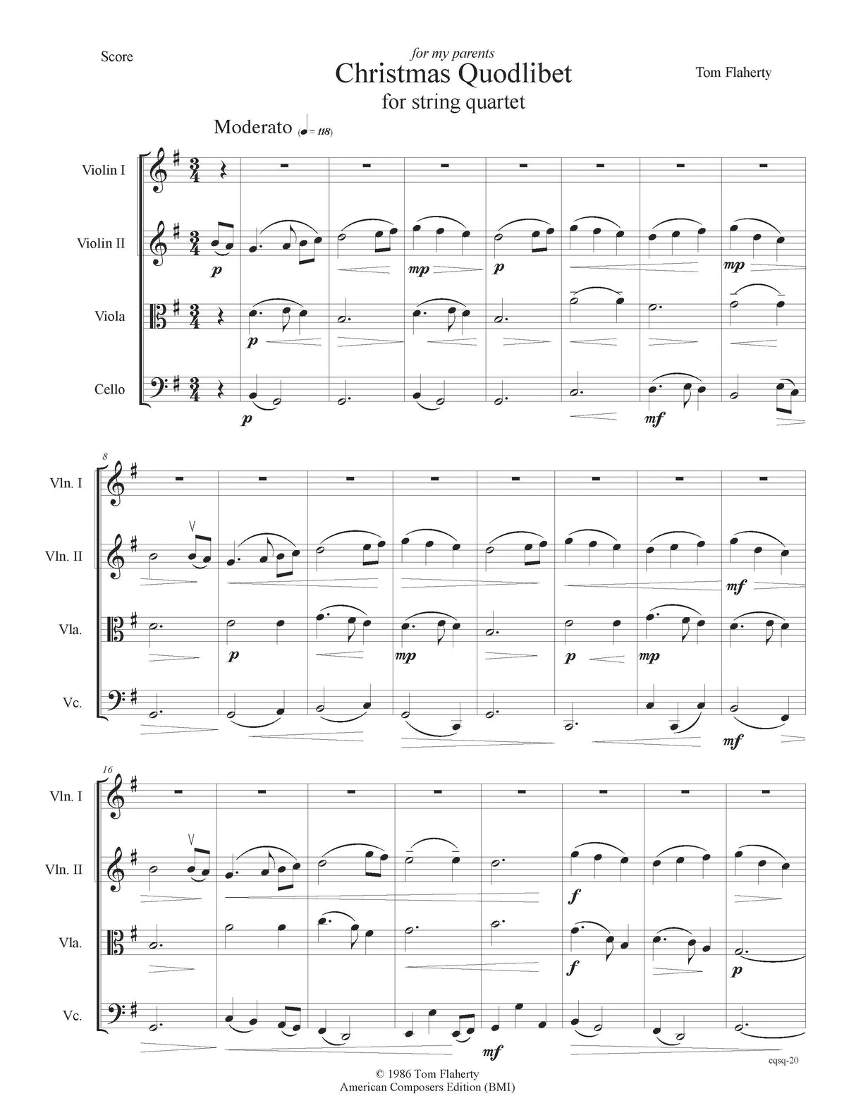 Flaherty: Christmas Quodlibet (Version for String Quartet)