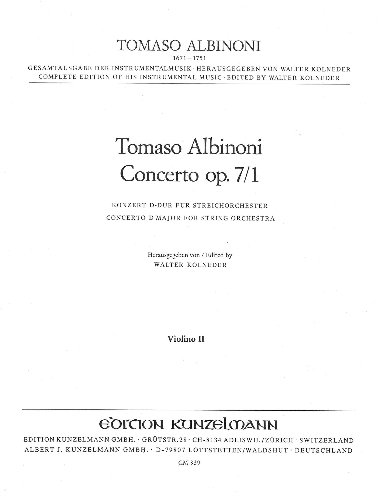 Albinoni: Concerto a cinque in D Major, Op. 7, No. 1