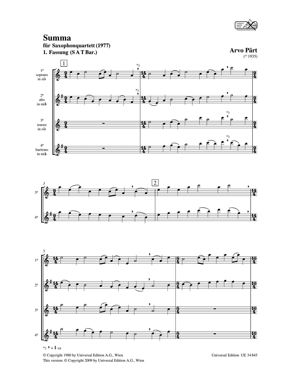 Pärt: Summa (for saxophone quartet)