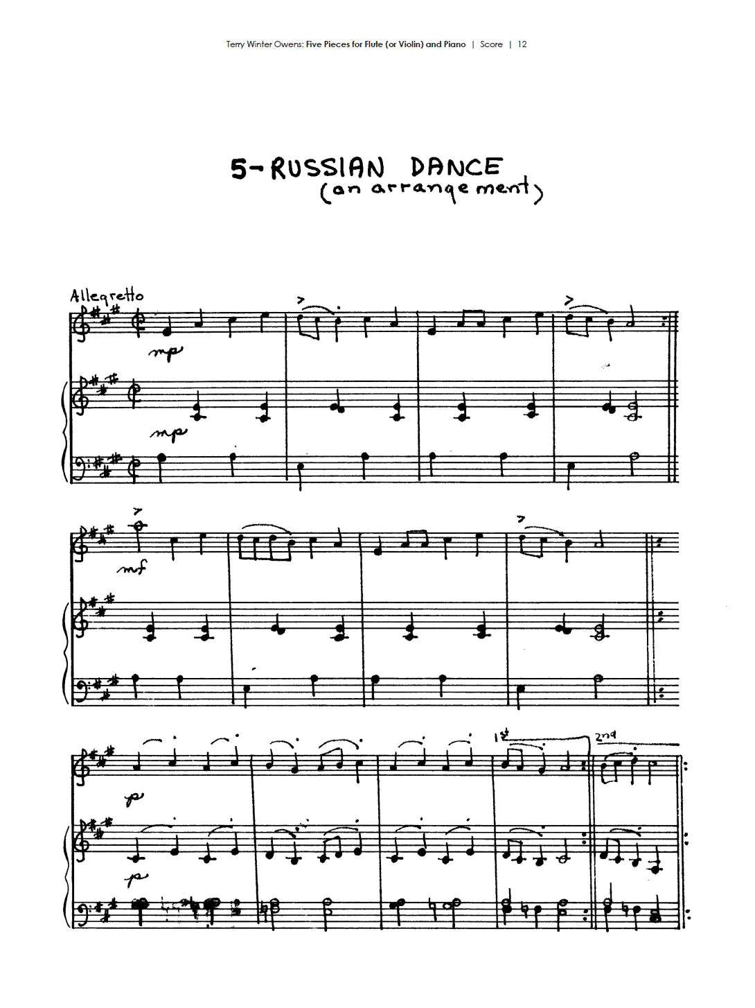 T.W. Owens: Five Pieces for Flute (or Violin) and Piano