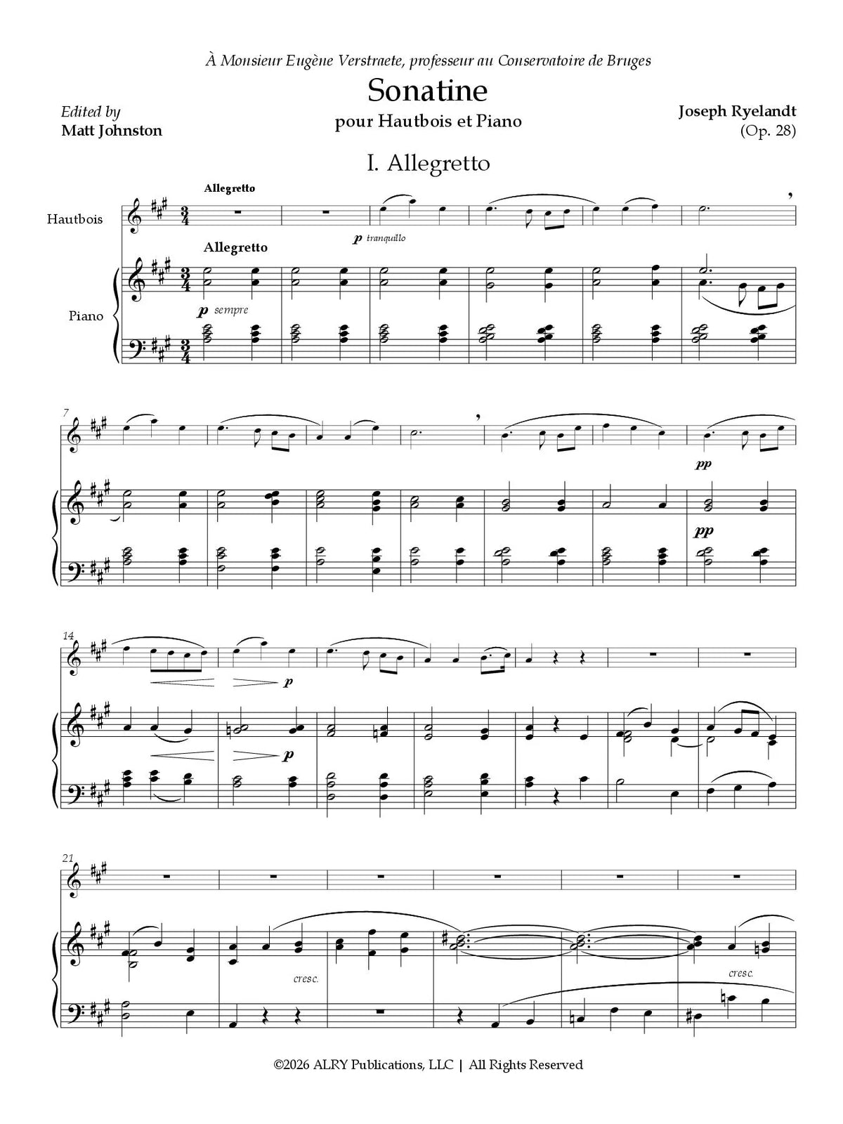 Ryelandt: Oboe Sonatina, Op. 28
