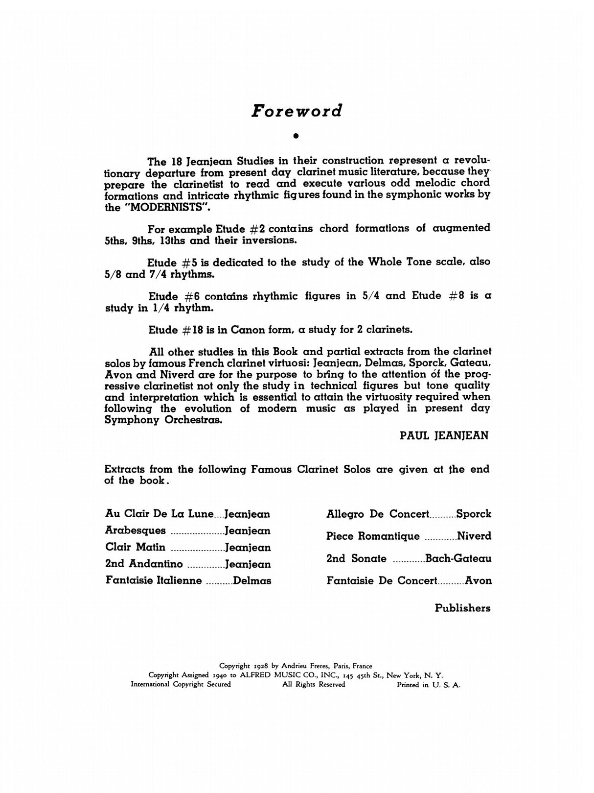 Jeanjean: 18 Etudes for the Clarinet
