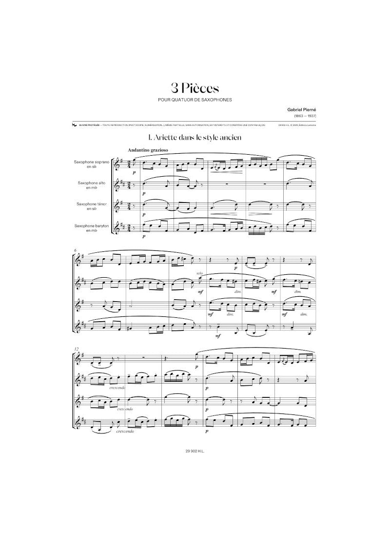 Pierne: 3 Pièces for Saxaphone Quartet
