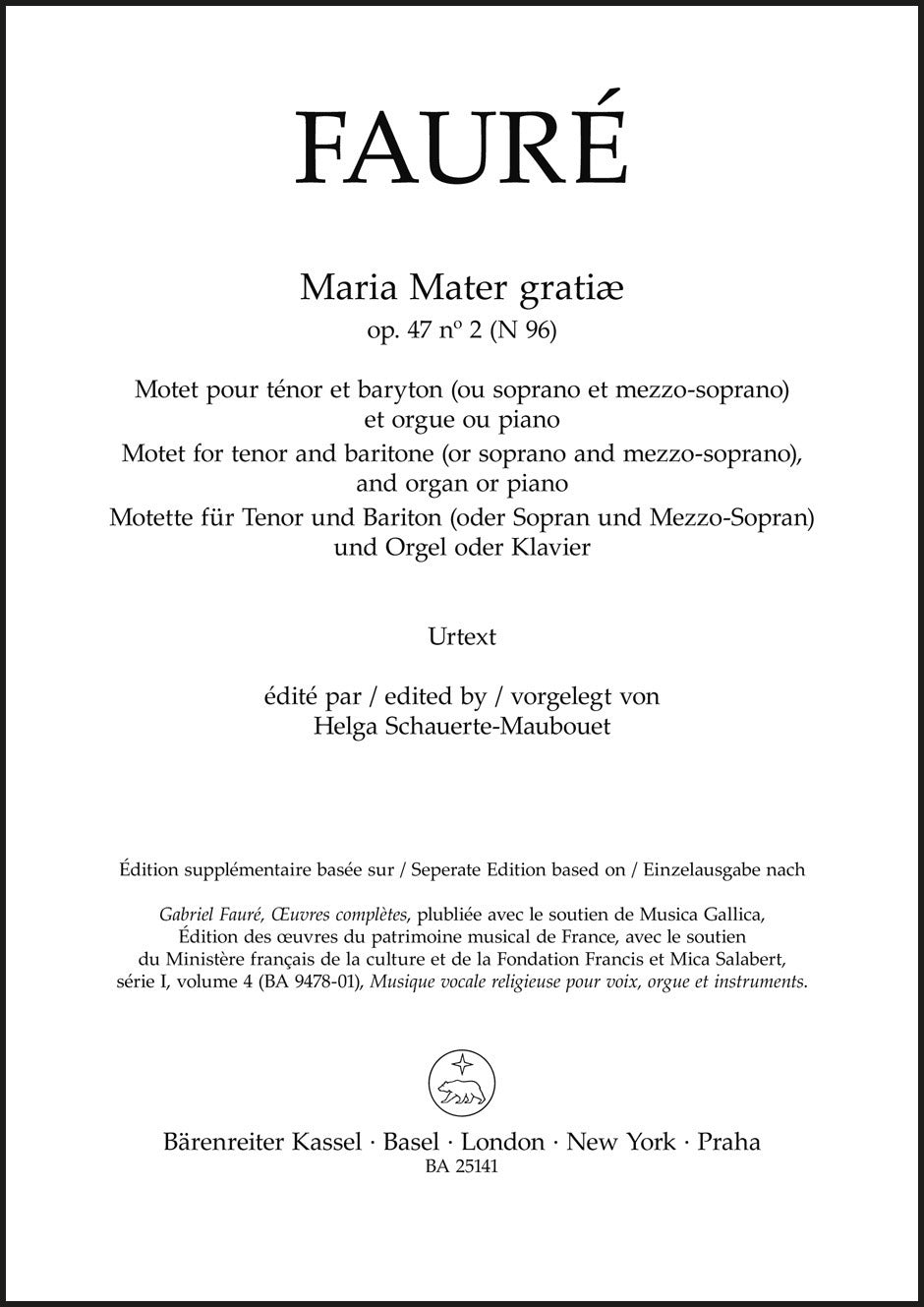 Fauré: Maria Mater gratiæ, Op. 47, No. 2, N 96