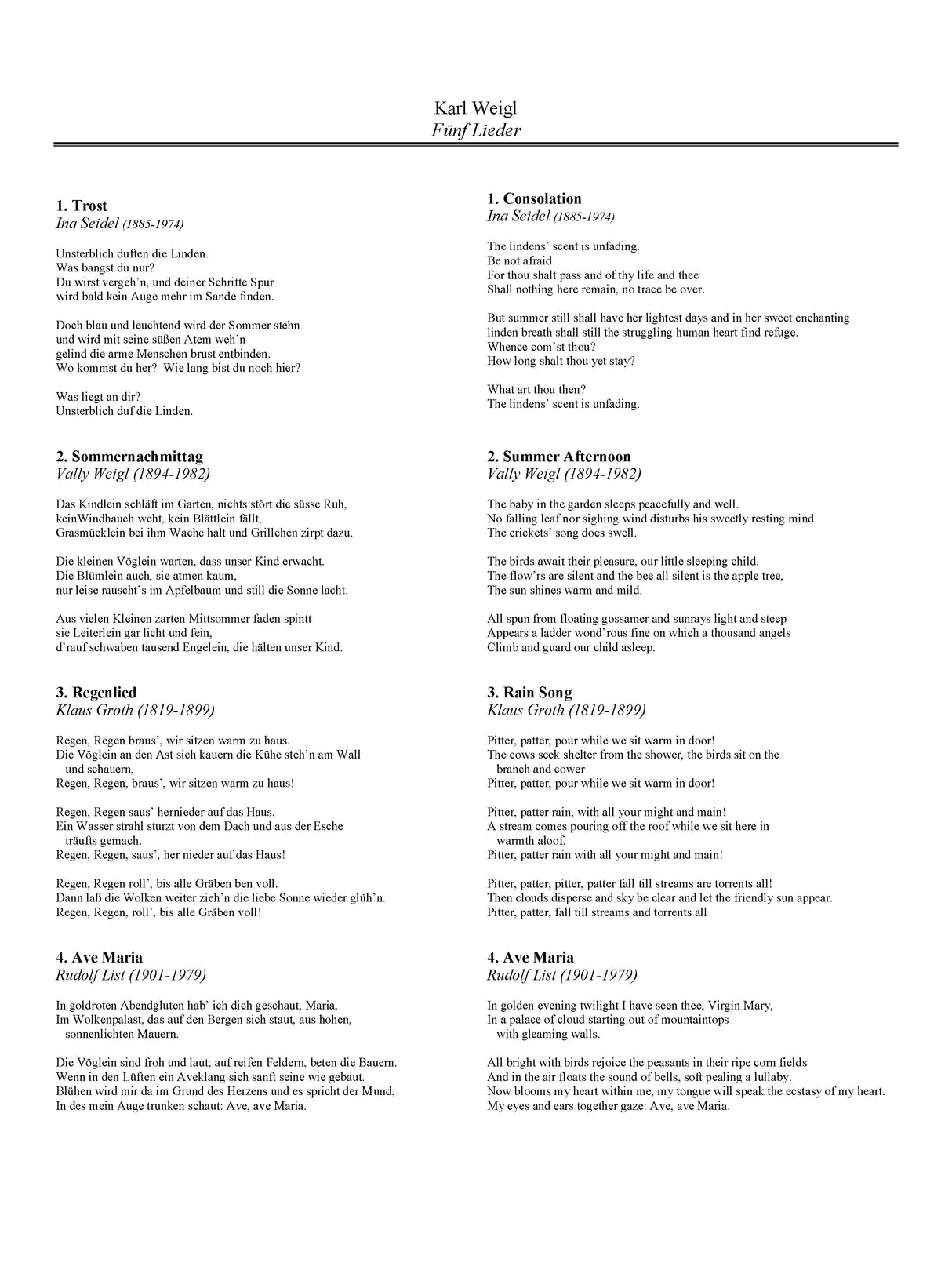 Weigl: 5 Songs for Soprano & String Quartet, Op. 40