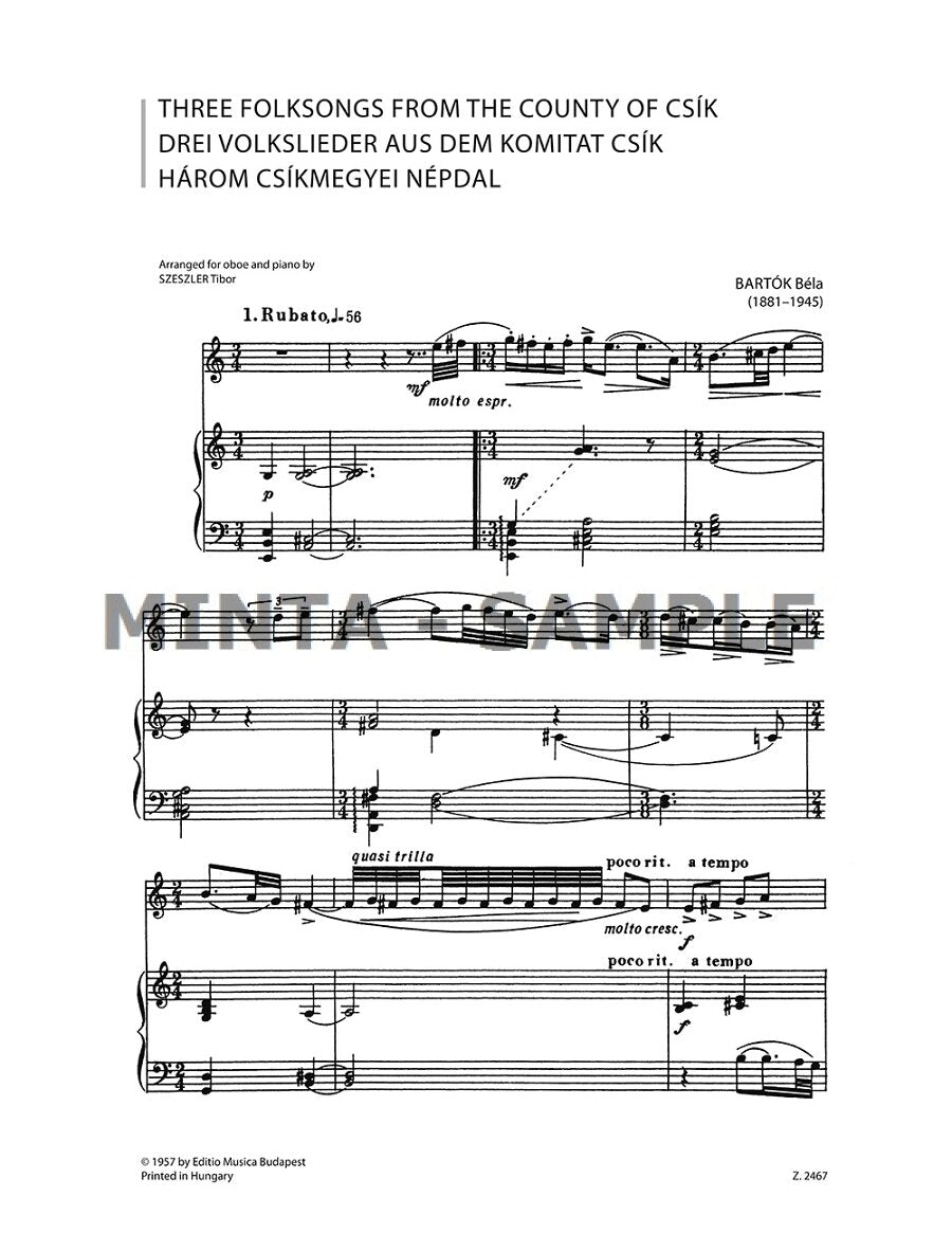 Bartók: 3 Folksongs from the County of Csík (arr. for oboe & piano)