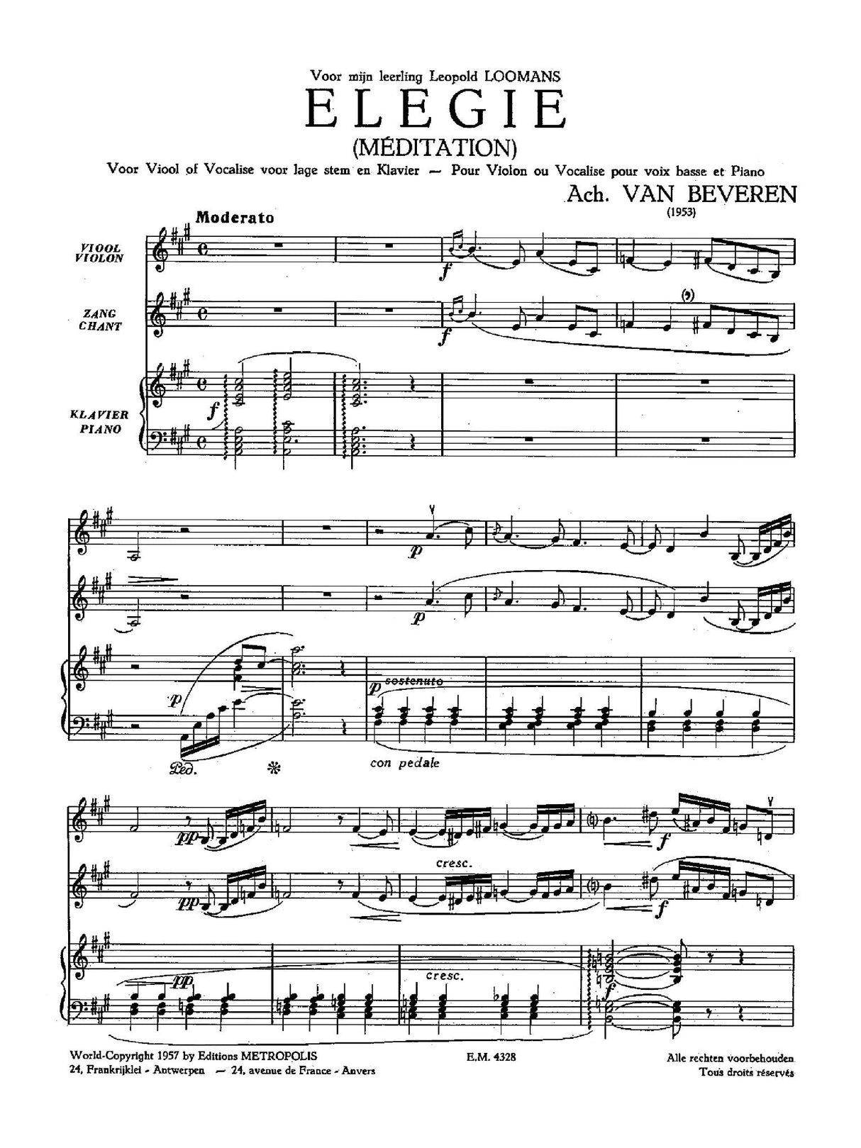 Beveren: Elegie (Méditation) for Bass Voice or Violin & Piano