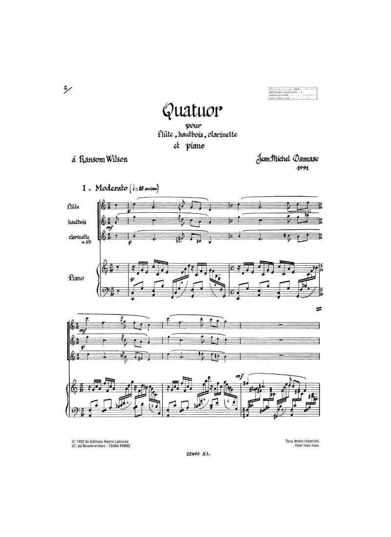 Damase: Quartet for Flute, Oboe, Clarinet & Piano