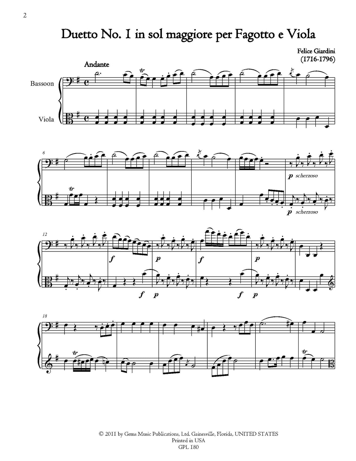 Giardini: 6 Duets for Viola & Bassoon