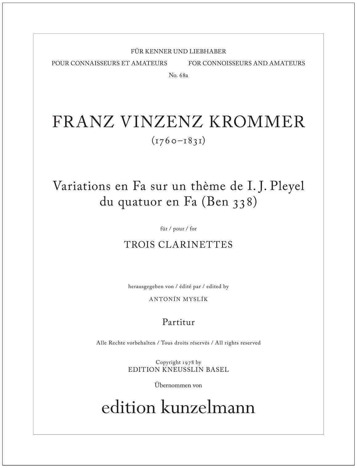Krommer: Variations on a Theme of Pleyel (arr. for clarinet trio)