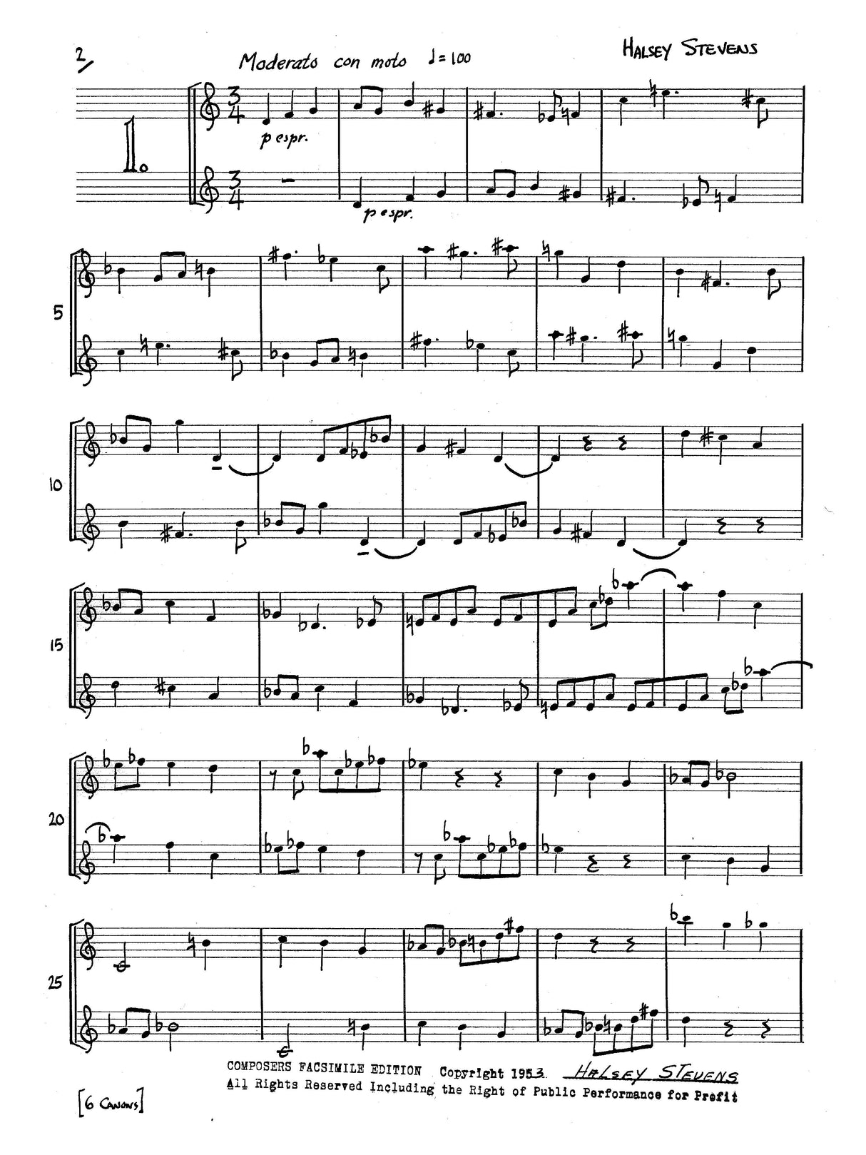 Stevens: Six Canons for Two Equal Instruments