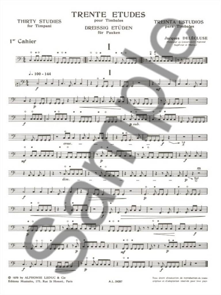 Delécluse: 30 Etudes for Timpani - Volume 1 (Nos. 1-10)