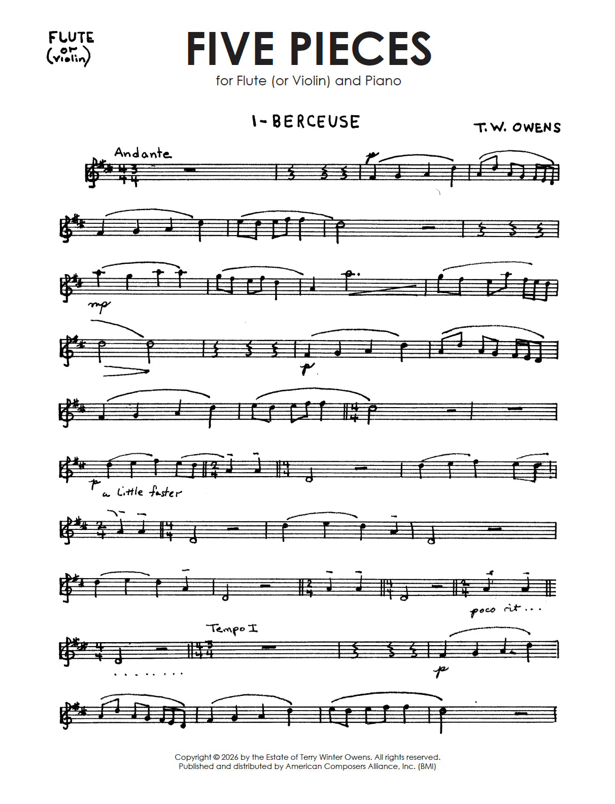 T.W. Owens: Five Pieces for Flute (or Violin) and Piano