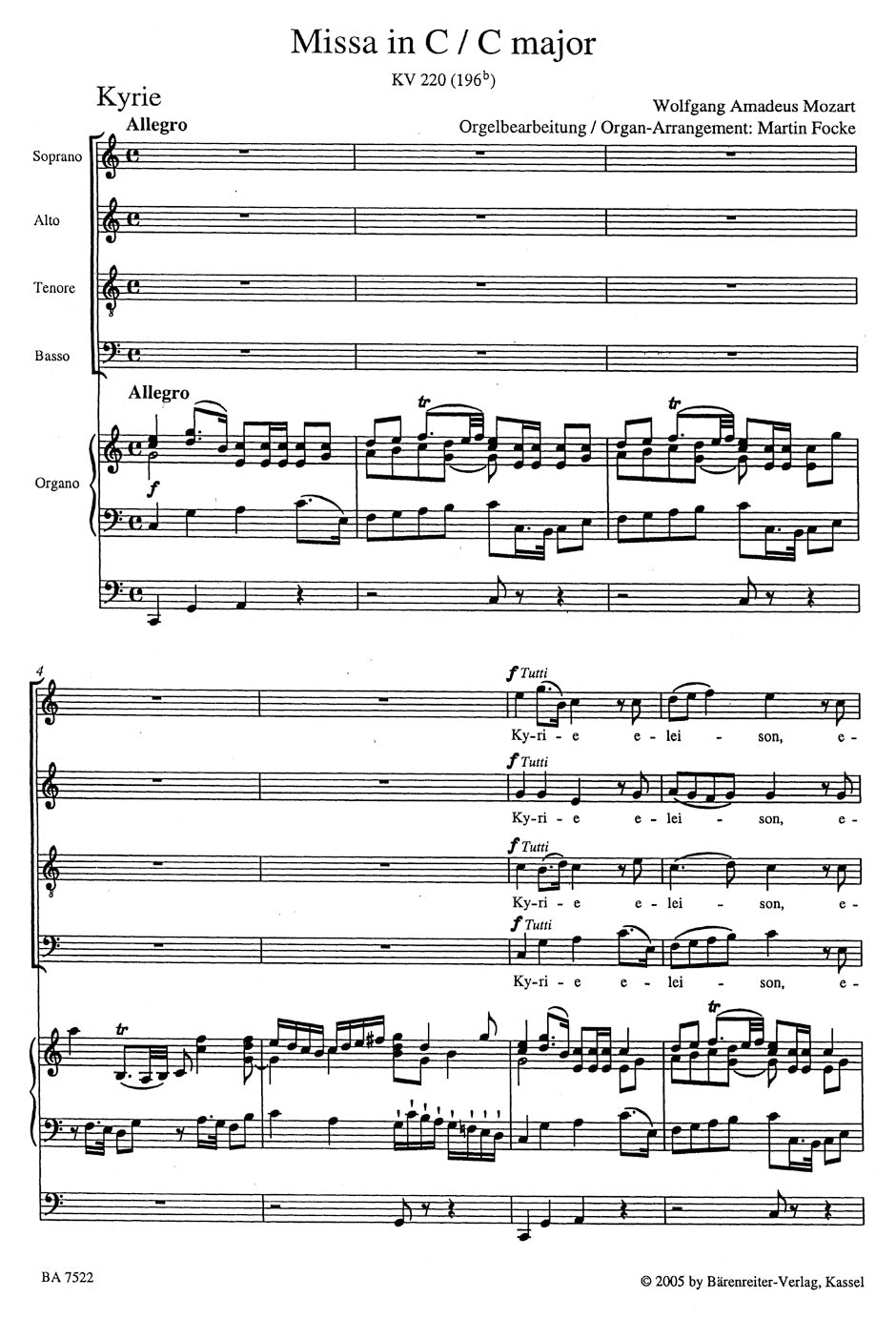 Mozart: Missa in C Major, K. 220 (196b) - arr for choir & organ