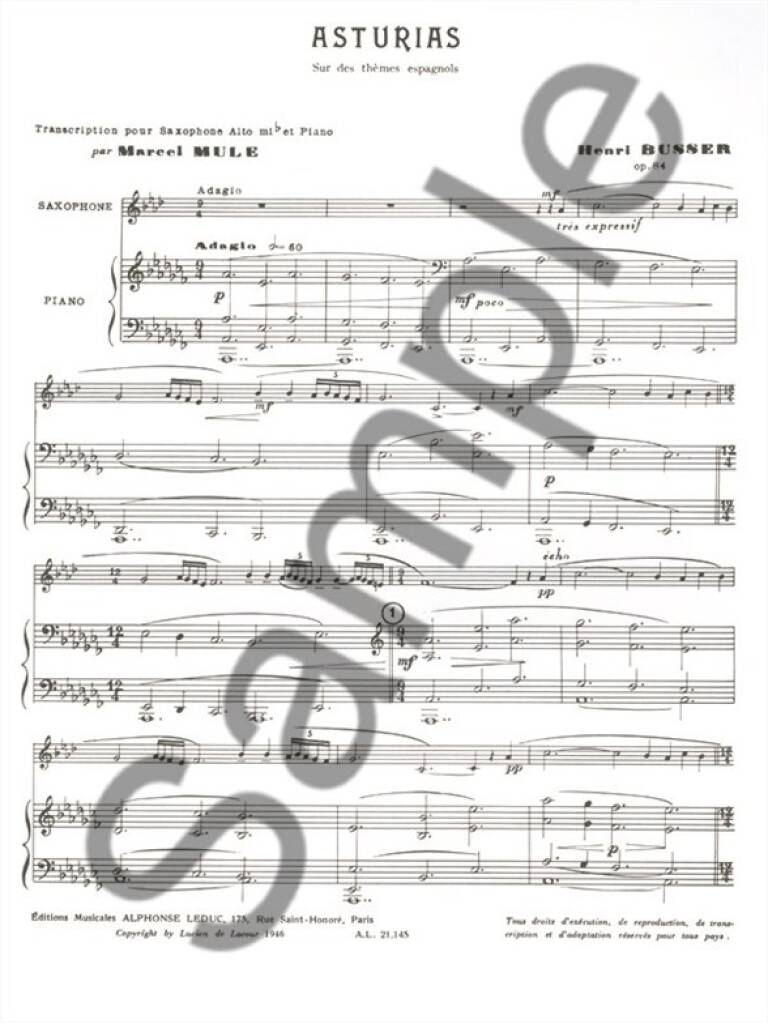 Busser: Asturias on Spanish Tunes, Op. 84 (arr. for alto sax)