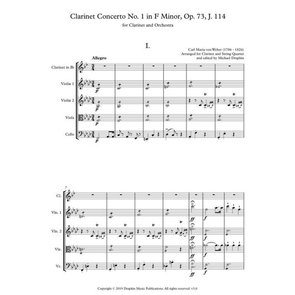 Weber: Clarinet Concerto No. 1 in F Minor, Op. 73 (arr. for clarinet & string quartet)