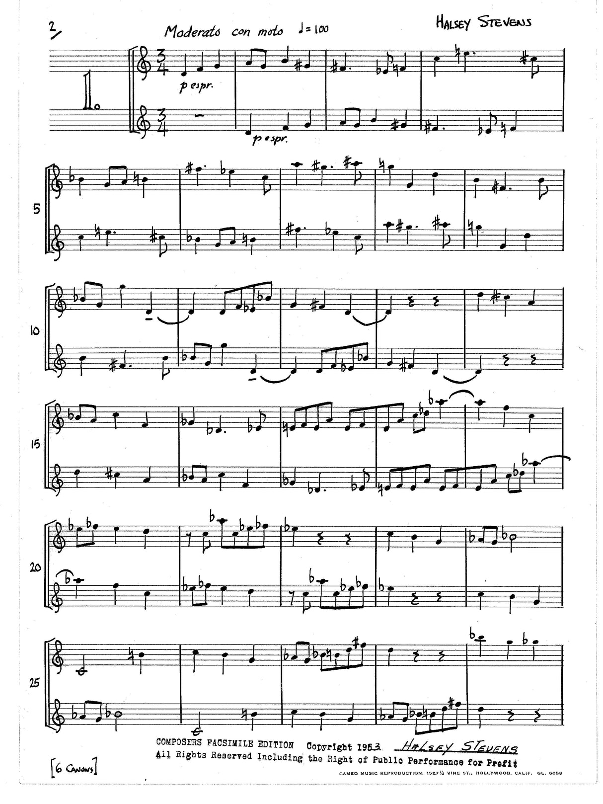 Stevens: Six Canons for Two Equal Instruments