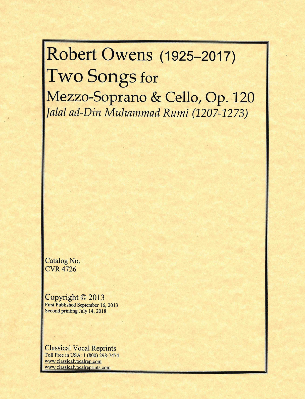 Owens: 2 Songs for Mezzo-Soprano & Cello, Op. 120
