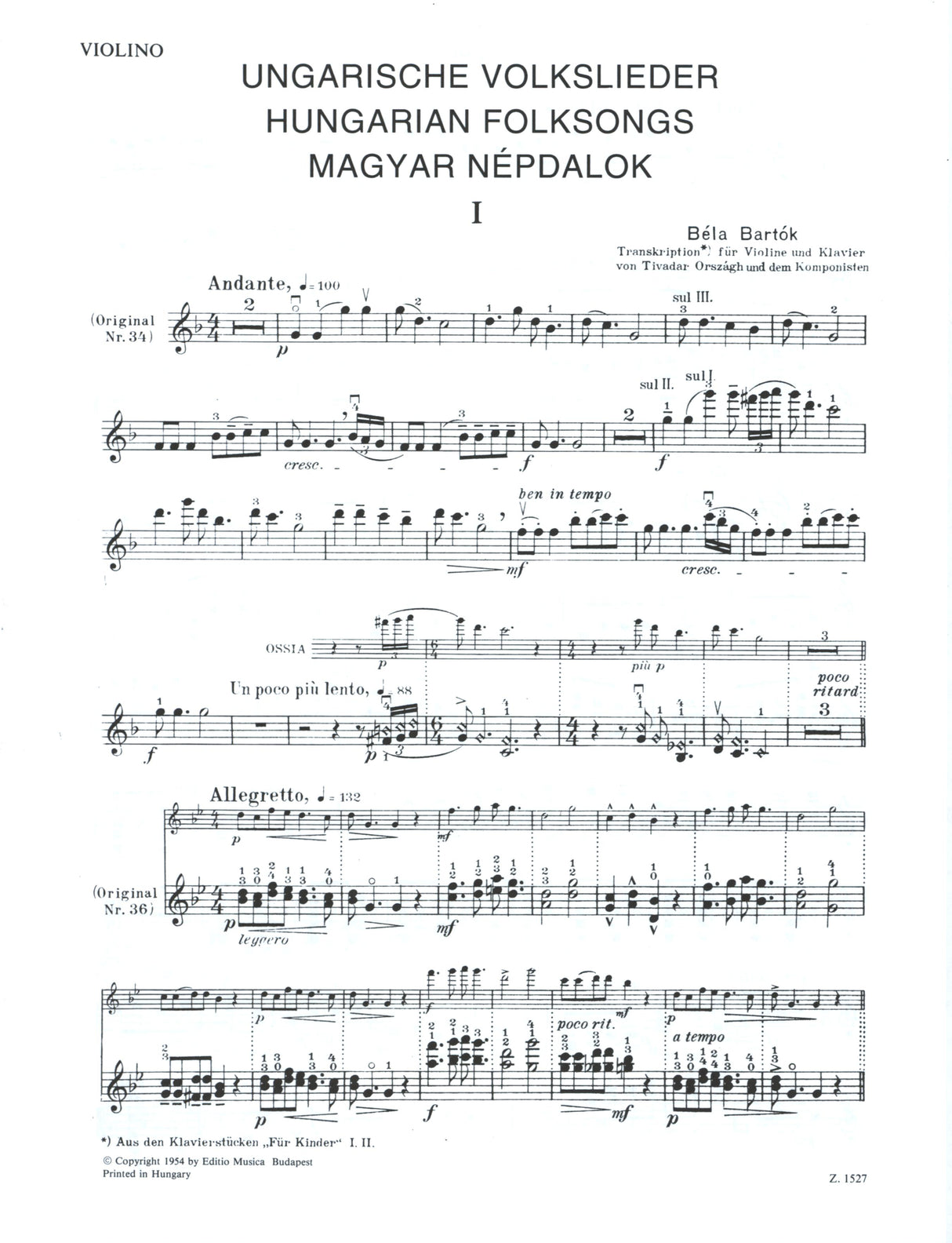 Bartók: Hungarian Folksongs (trans. Országh)