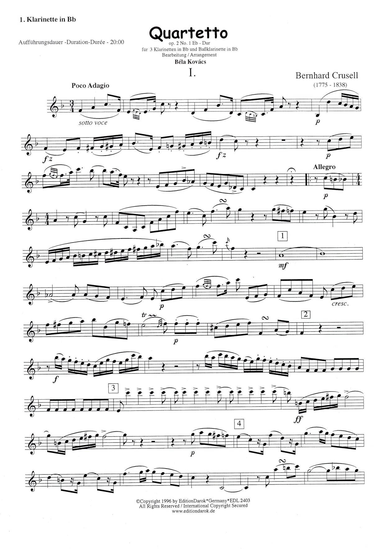 Crusell: Clarinet Quartet, Op. 2, No. 1 (arr. for 4 clarinets)