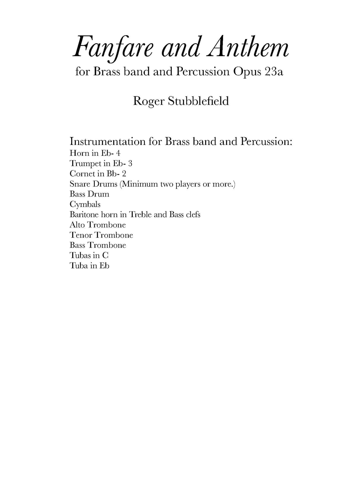 Stubblefield: Fanfare and Anthem, Op 23a (Version for Brass Band and Percussion)