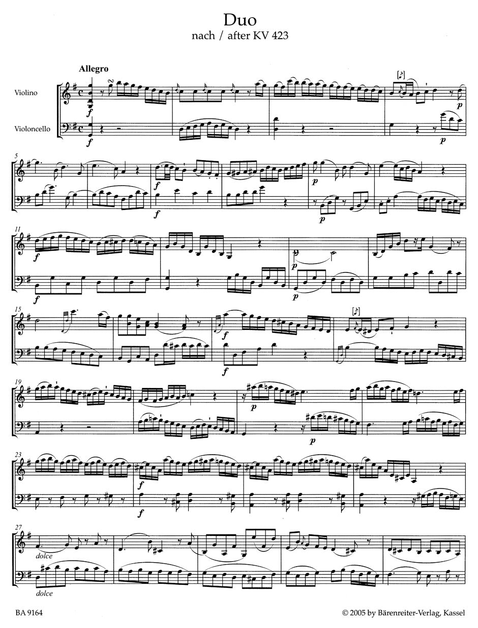 Mozart: 2 Duos for Violin and Cello