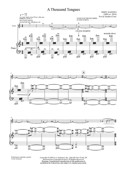 Mazzoli: A Thousand Tongues (Version for Violin, Piano, & Electronics)