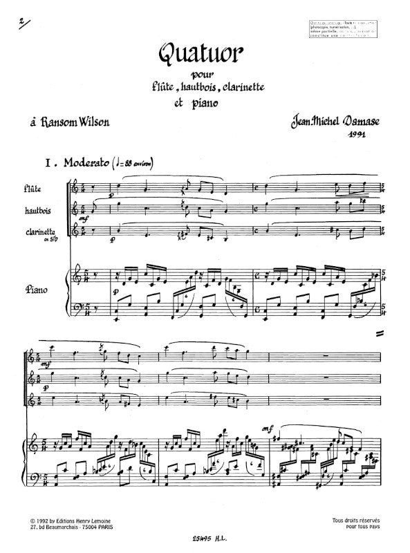 Damase: Quartet for Flute, Oboe, Clarinet & Piano