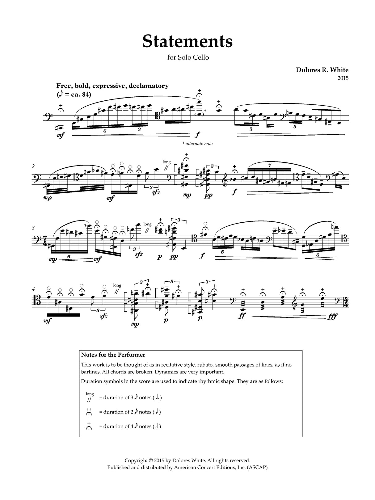 White: Statements for Cello