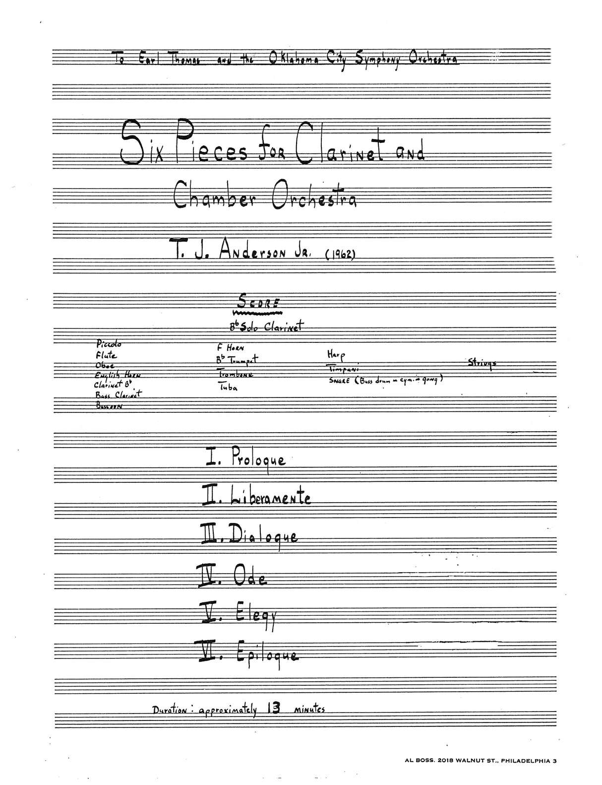 T.J. Anderson: Six Pieces for Clarinet and Chamber Orchestra